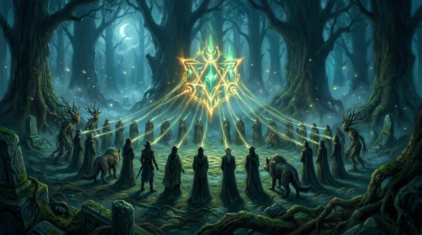 A lone artificer surrounded by mechanical constructs channelling light into a half-finished machine