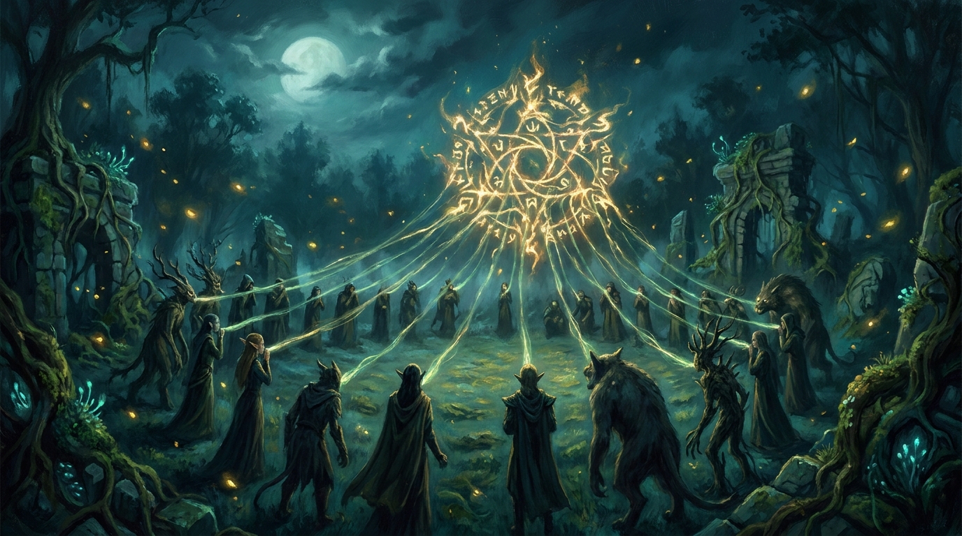 A glowing arcane sigil suspended above a ruined stone circle, fed by converging threads of light