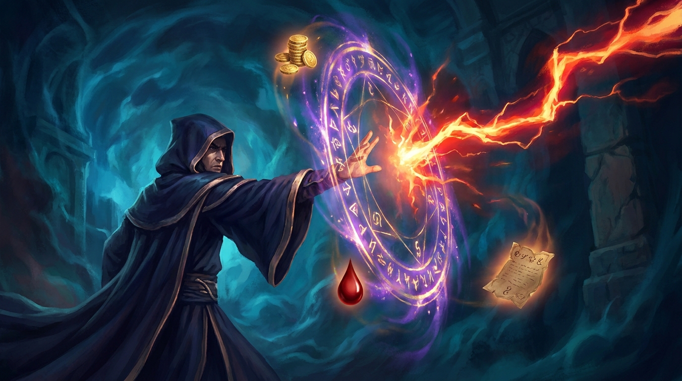A bolt of destructive magic halted in mid-air by a ring of glowing runes, with coins, a drop of blood and a discarded card orbiting the barrier
