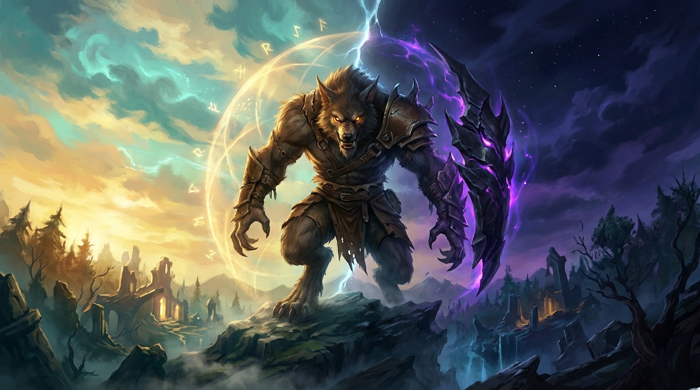 A werewolf beneath a sky split between day and night, with a thin shield of light on the day side and a thick dark shield on the night side