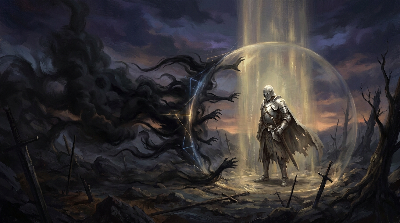 Dark fantasy scene of shadow magic breaking against a shimmering ward, representing protection from a single colour in Magic: The Gathering