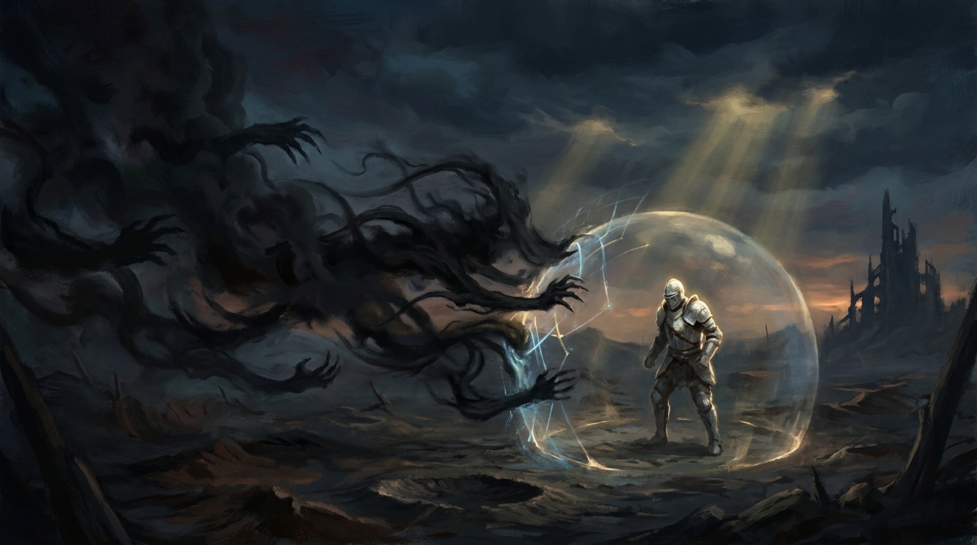 A protective magical barrier collapsing under an untargeted sweeping effect, showing how board wipes beat protection in MTG