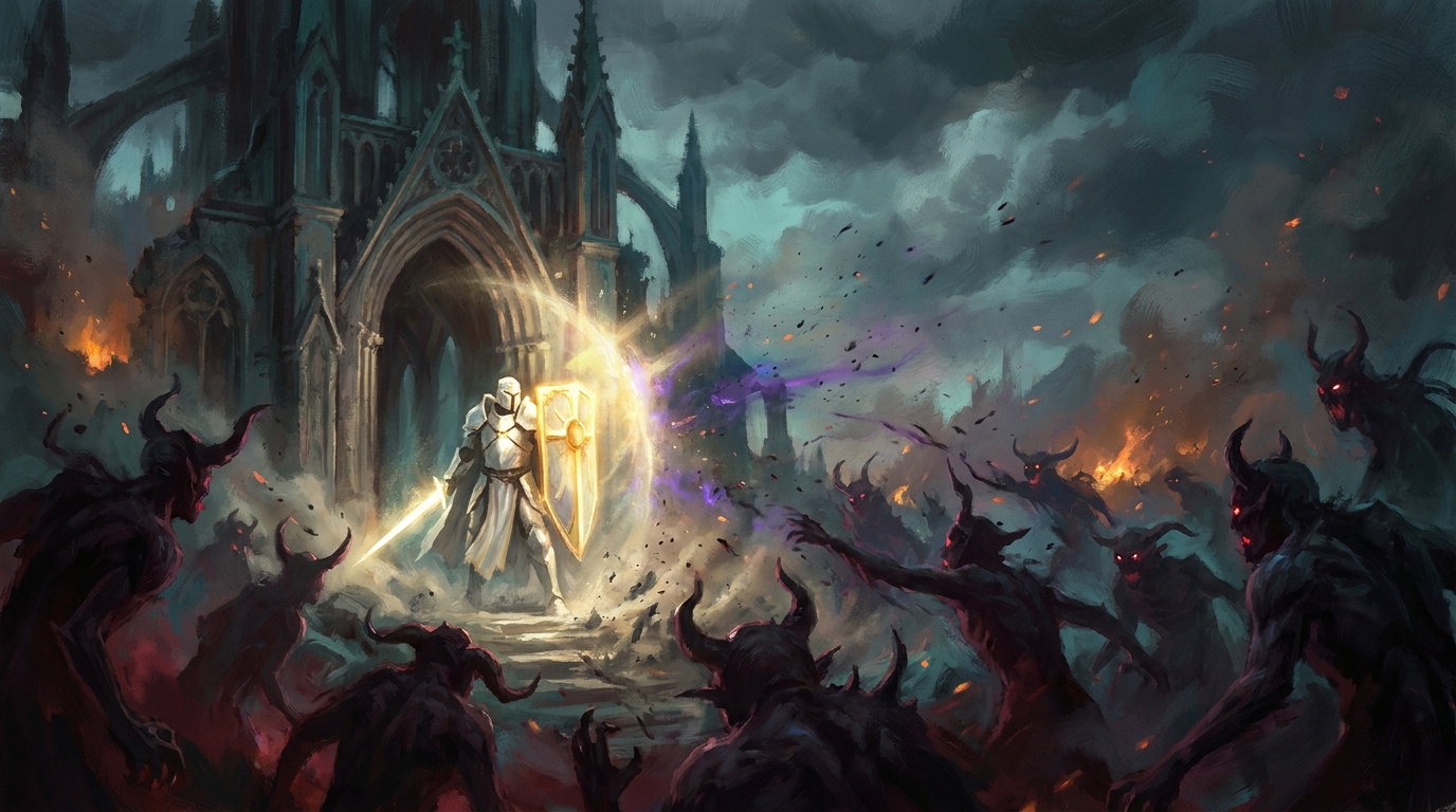 A single white-armored sentinel with a tower shield holding back a tide of shadowy attackers at a ruined cathedral