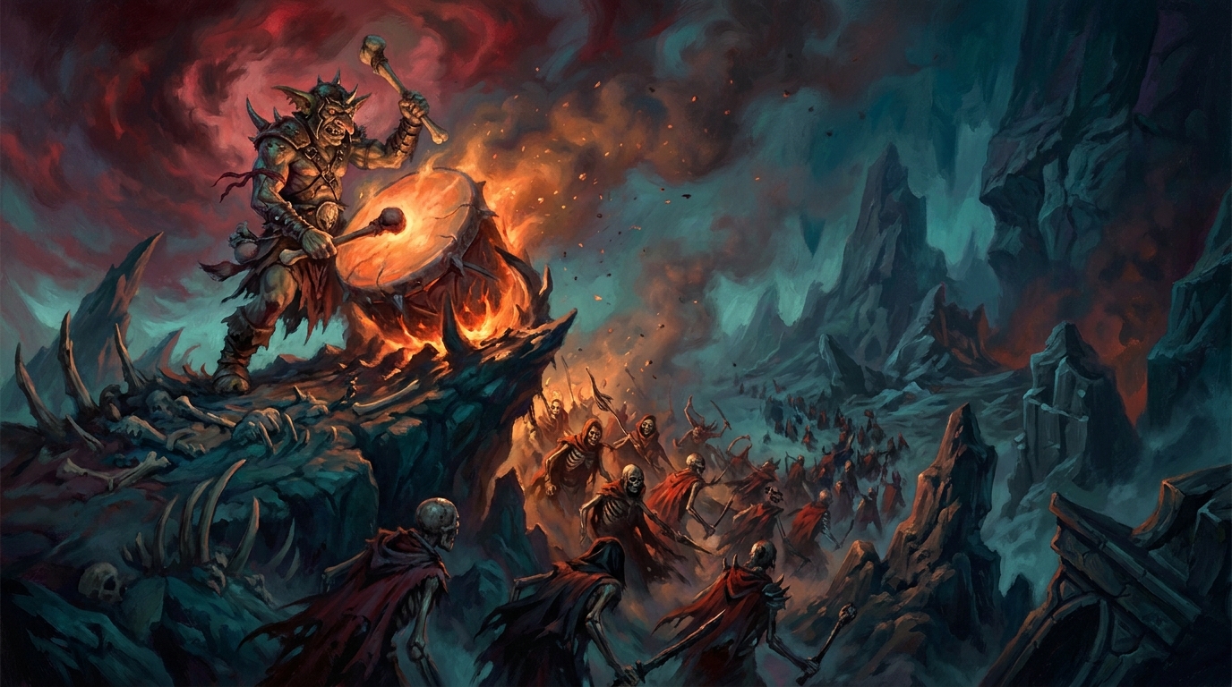 A goblin warlord beating an iron war drum on a bone ridge as a swarm of red and black raiders pours into a valley