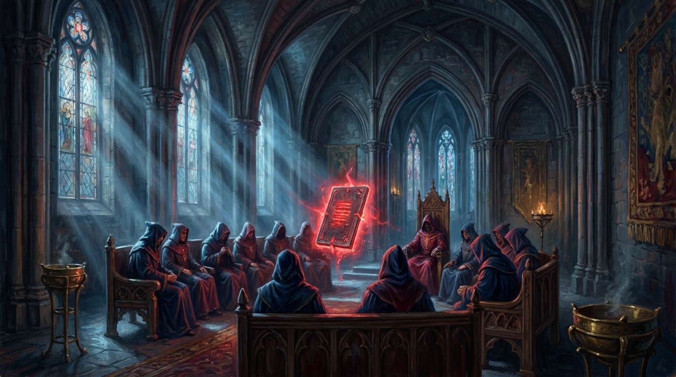 A council of hooded arbiters judging a single glowing card wreathed in red light