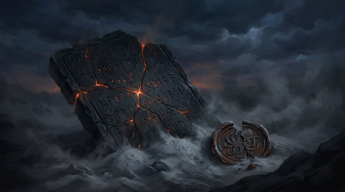 A cracked stone tablet carved with forbidden names, half-buried in ash