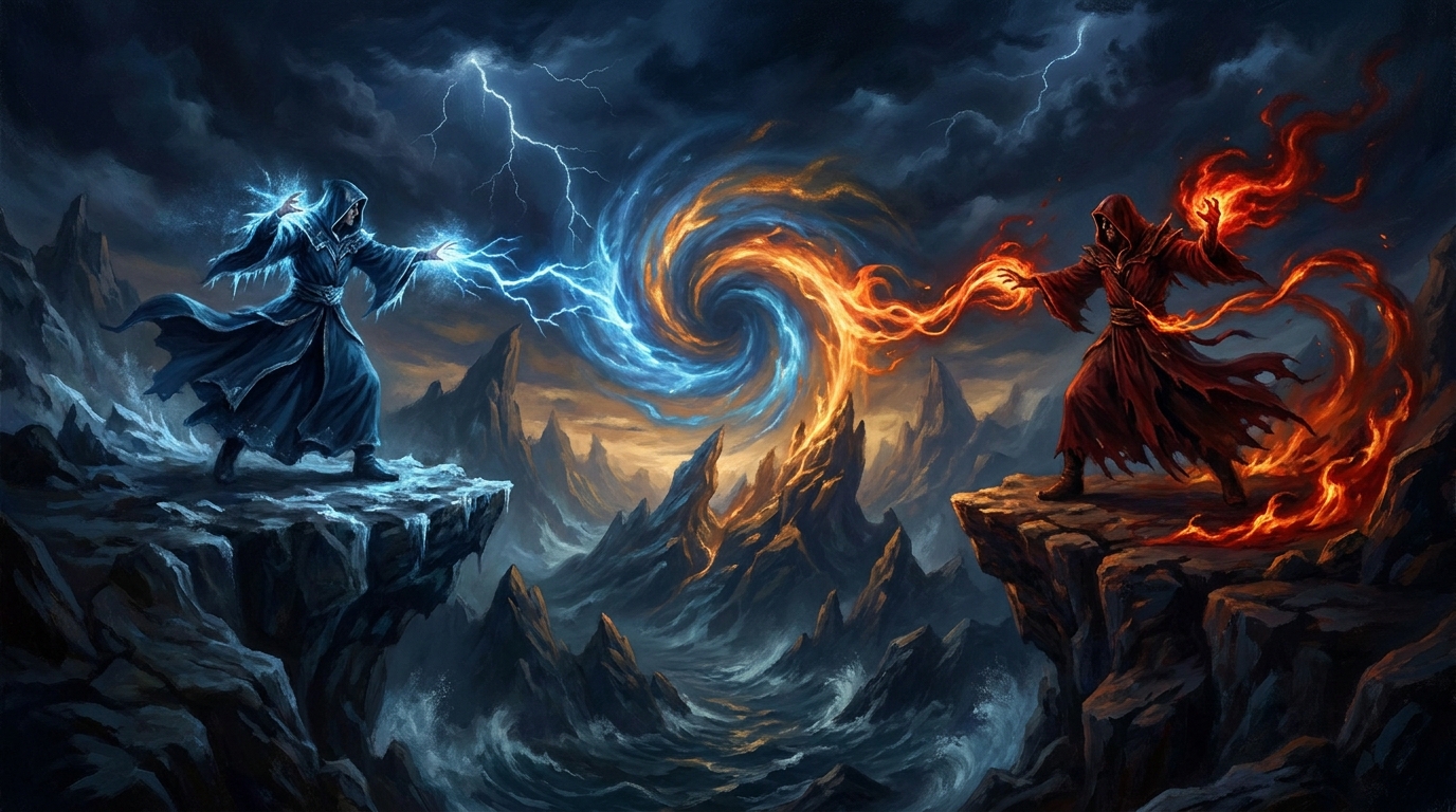 Two spellcasters facing off across a chasm, one in cold blue arcane light and one in crimson fire, illustrating the blue-red split of MTG prowess cards