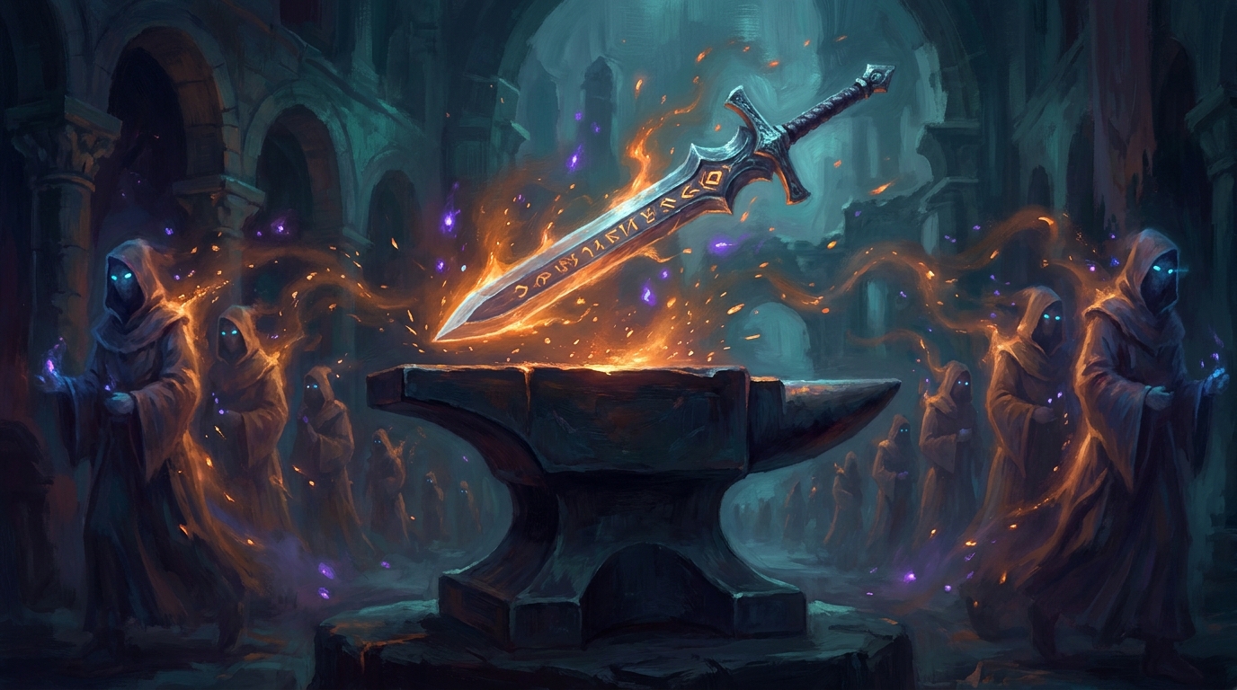 A rune-etched blade above an anvil spilling sparks that become ghostly monk figures, illustrating cards that create prowess tokens