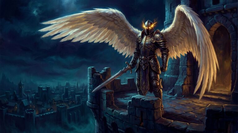 An armored angel sentinel standing watch on a fortress rampart at night, representing vigilance in MTG