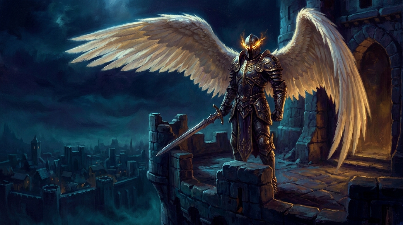 An armored angel sentinel standing watch on a fortress rampart at night, representing vigilance in MTG