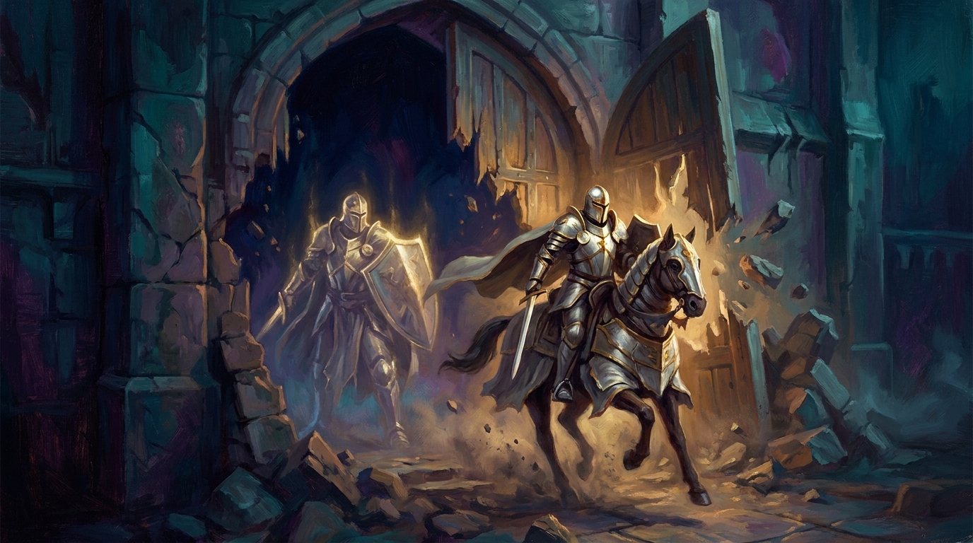 A knight charging forward while a mirrored version of the same knight stays behind on guard, illustrating how vigilance works