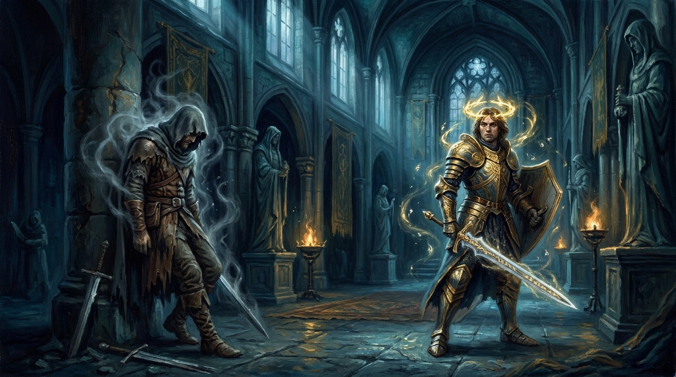 Two summoned warriors, one dazed and unable to act and one alert and ready, illustrating summoning sickness versus vigilance