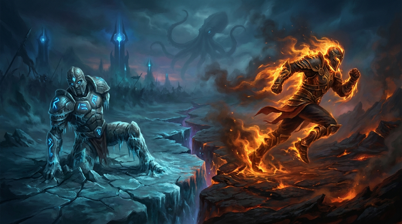 Two summoned warriors: one rooted in cracked stone unable to move, one already sprinting forward wreathed in fire