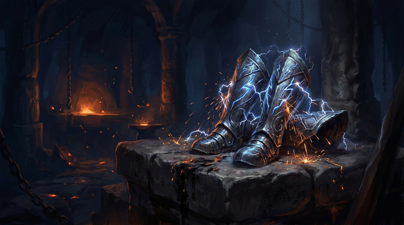 Ornate lightning-etched greaves on a blackened stone altar with electricity crawling across the metal
