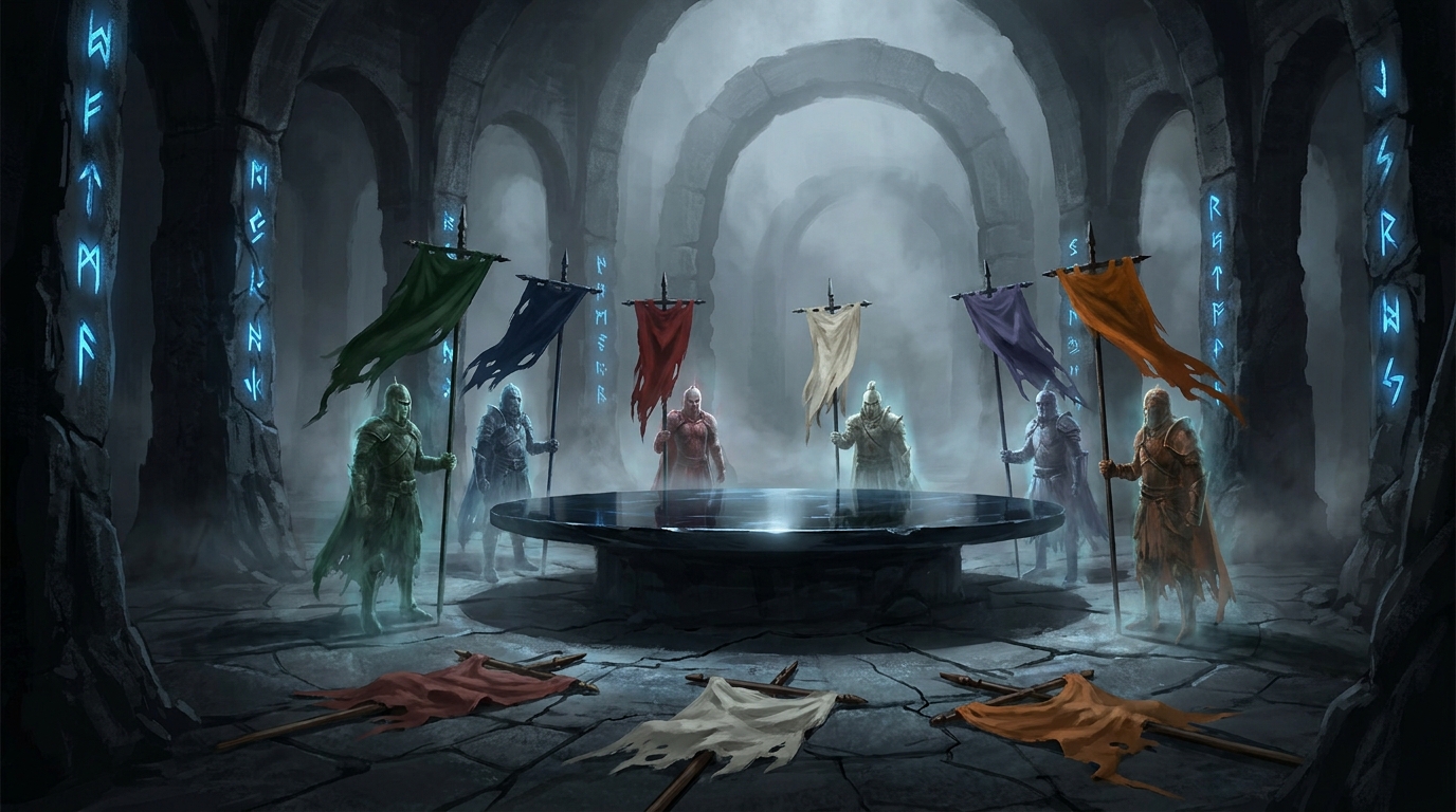 Six spectral banner-bearers around an obsidian council table, three banners shredded on the floor — the post-ban Standard metagame