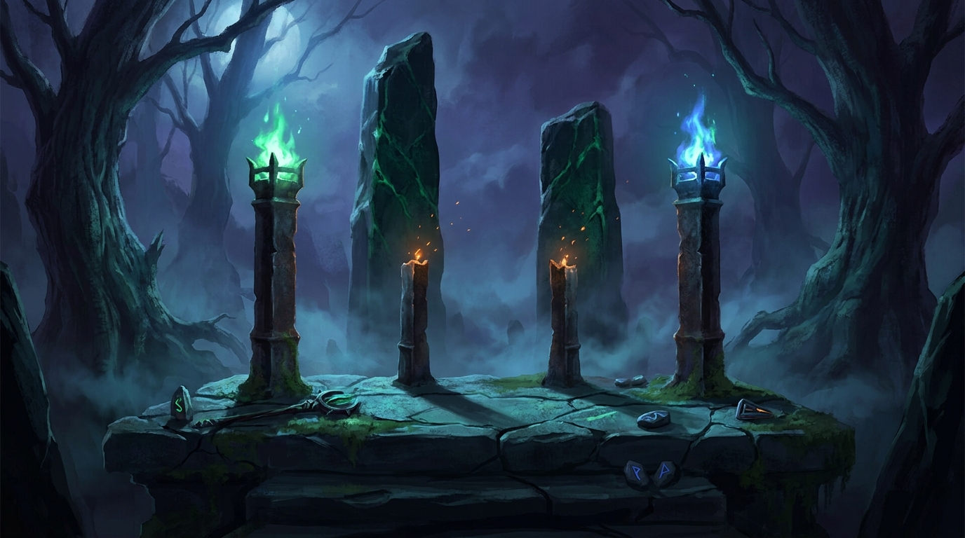 Four iron pillars of unequal height with two taller unlit monoliths looming behind them