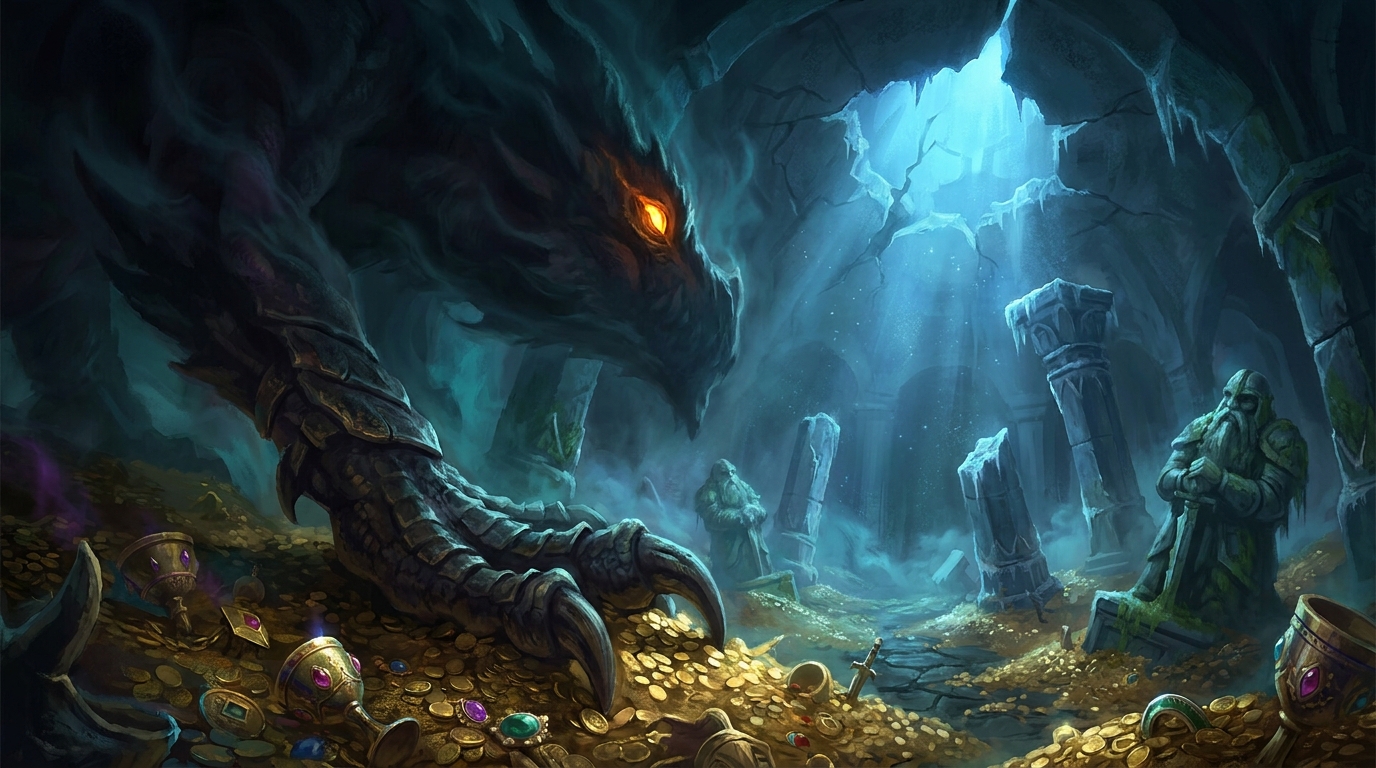 A dragon's claw resting over a hoard of gold in a ruined mountain hall