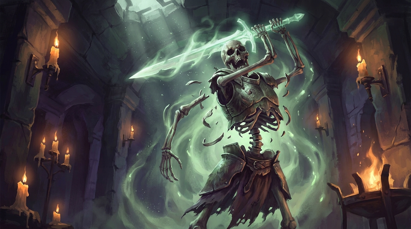 A skeletal warrior reassembling mid-swing, illustrating a regeneration shield in Magic: The Gathering