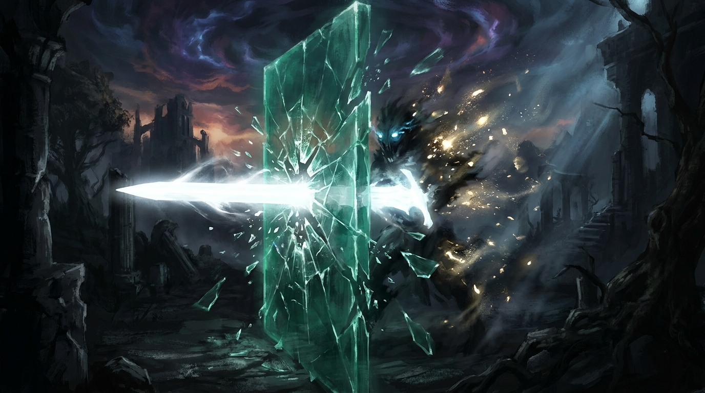 A blade of white light passing through a shattering green regeneration ward