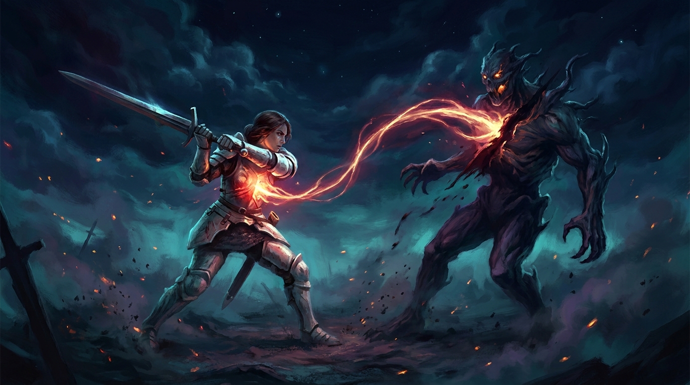 A white-armored knight strikes down a monstrous foe as a glowing thread of stolen life arcs back into her chest