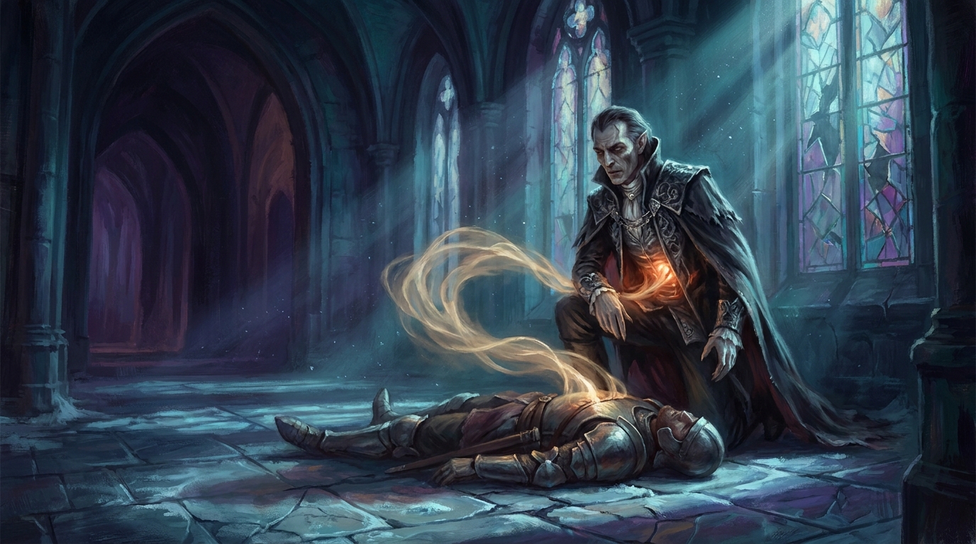A vampire noble kneels over a fallen soldier as a ribbon of golden life-force spirals into his chest