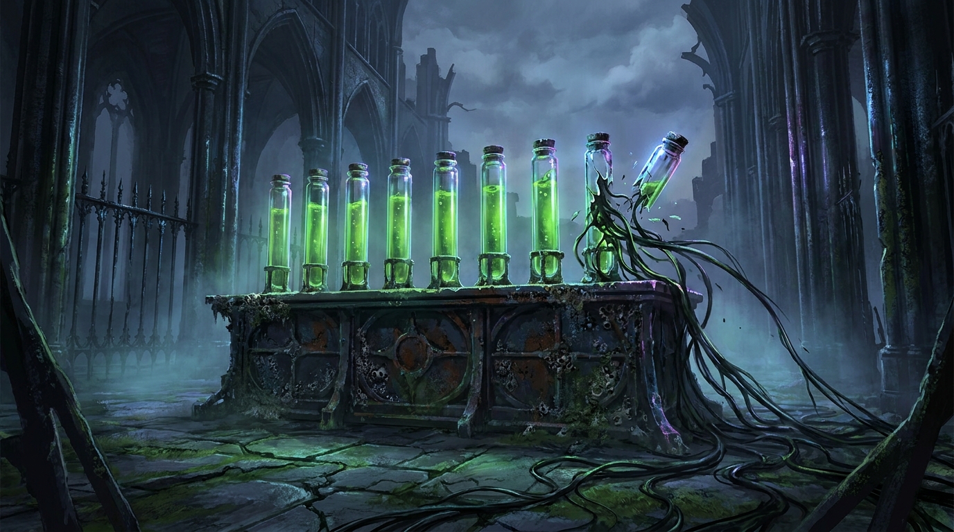 Ten glass vials of glowing green venom on a rusted altar, the tenth shattering as black filaments spill out