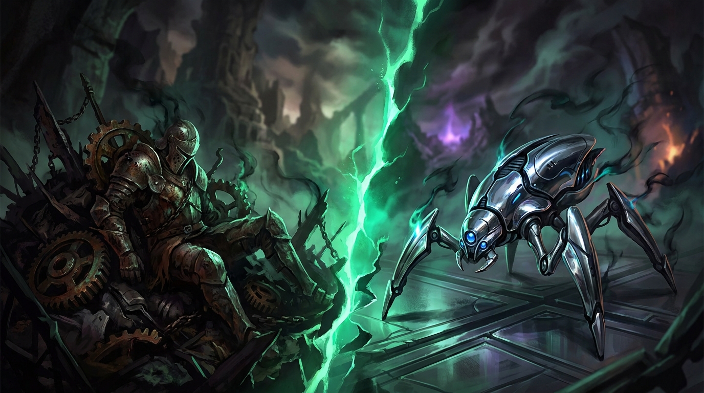 A rusted Mirran corpse fused with black oil machinery on the left, a sleek chrome Phyrexian mite on the right, split by a seam of green light