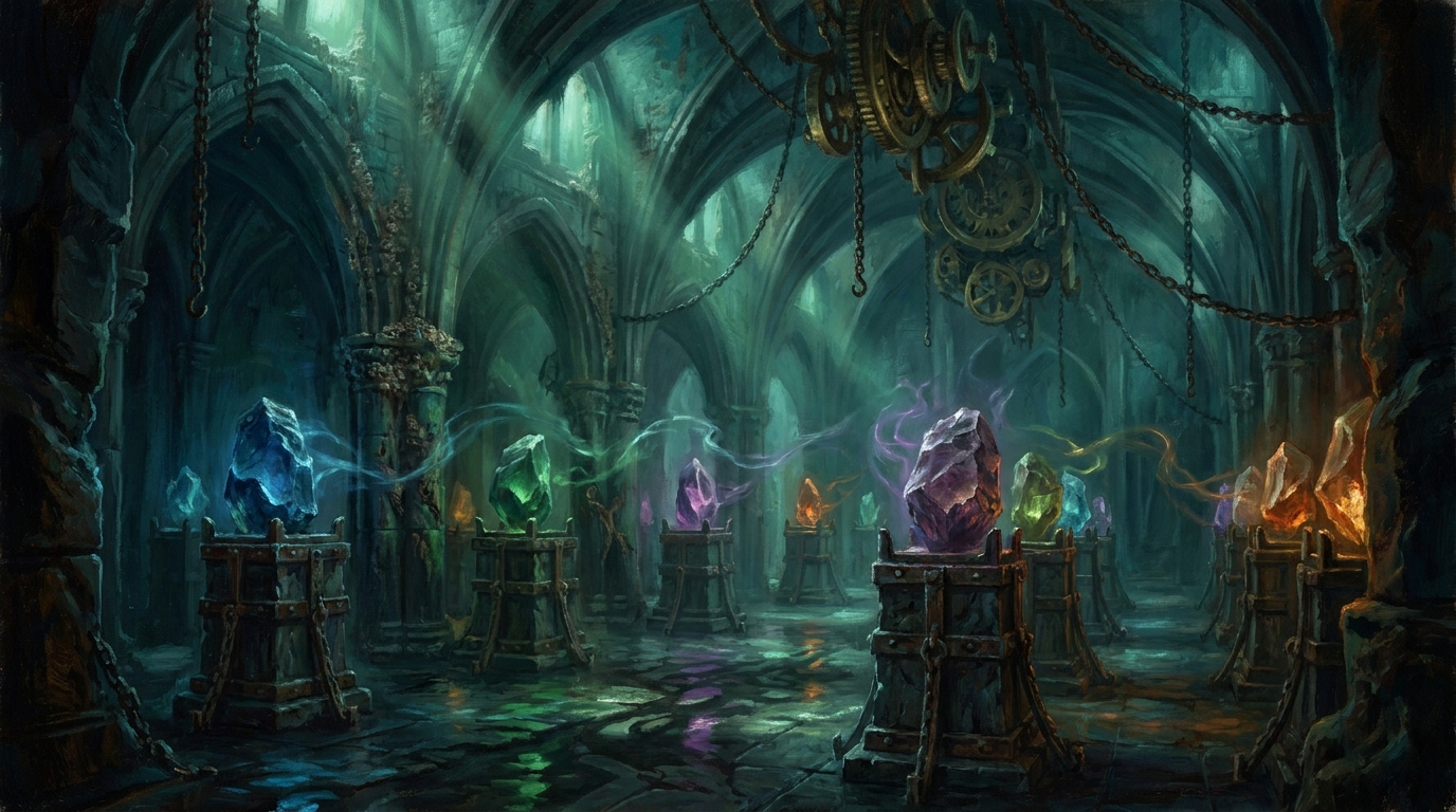 A vault of glowing artifact mana stones on iron plinths