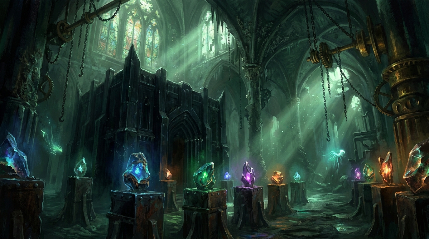 Arcane machinery and crystalline mana stones lit from below