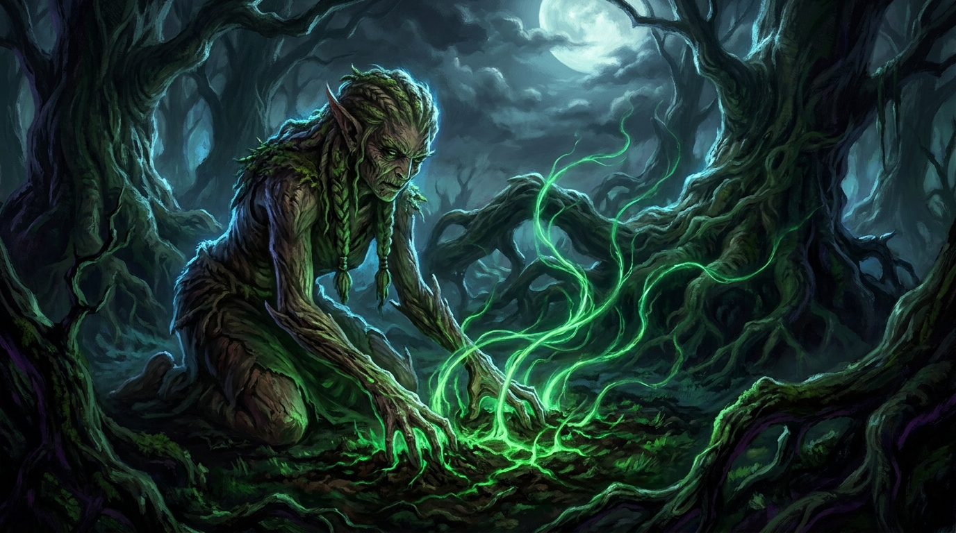 Rows of mana-producing creatures rendered as glowing figures in a dark hall