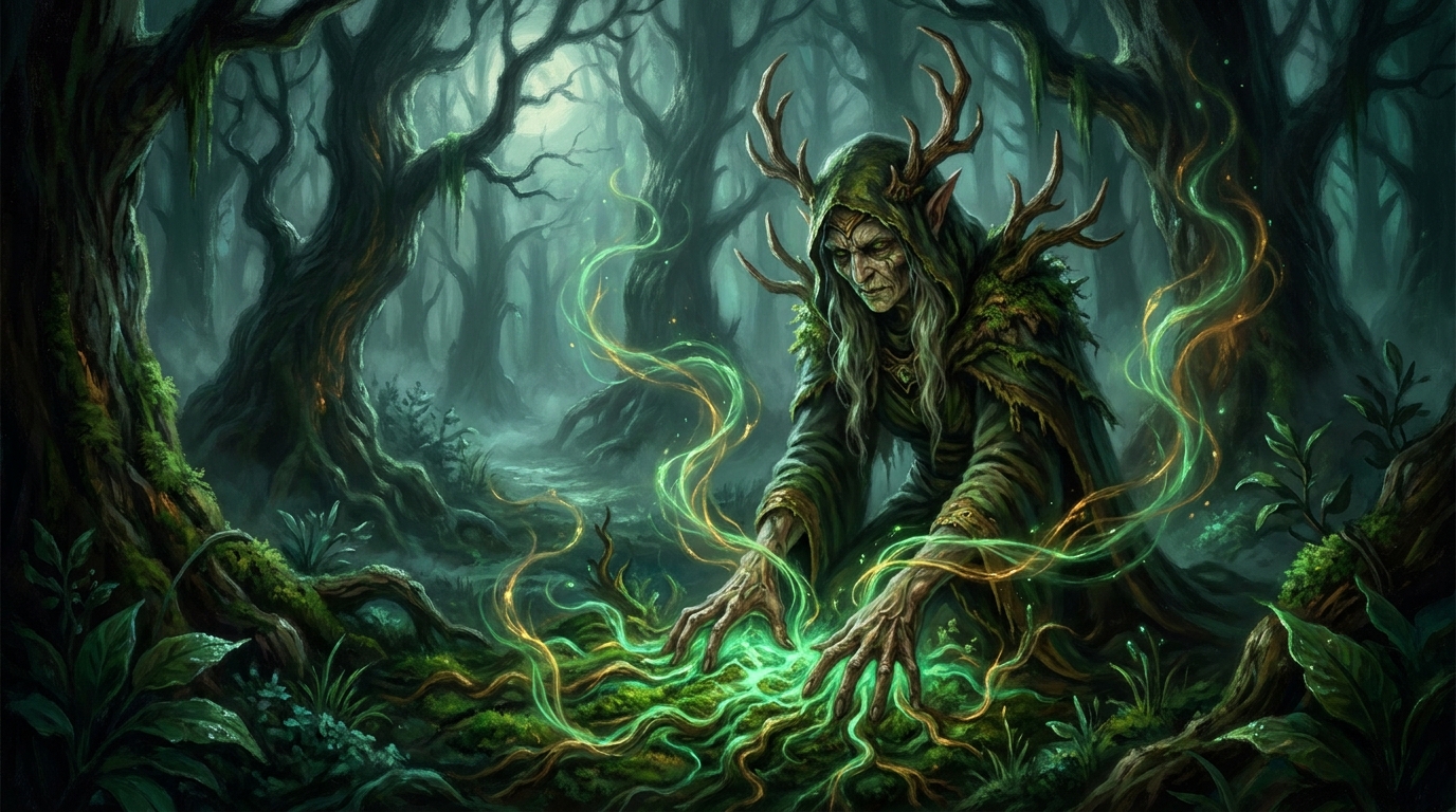 A druid figure surrounded by rising motes of green mana in a dark forest clearing