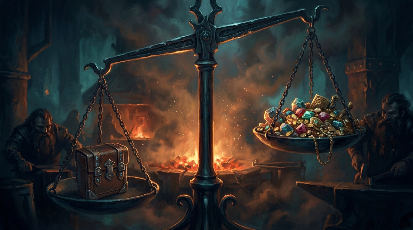 A dwarven merchant scale weighing a single sealed precon deck box against a heap of gold, illustrating the price gap between a precon and buying singles