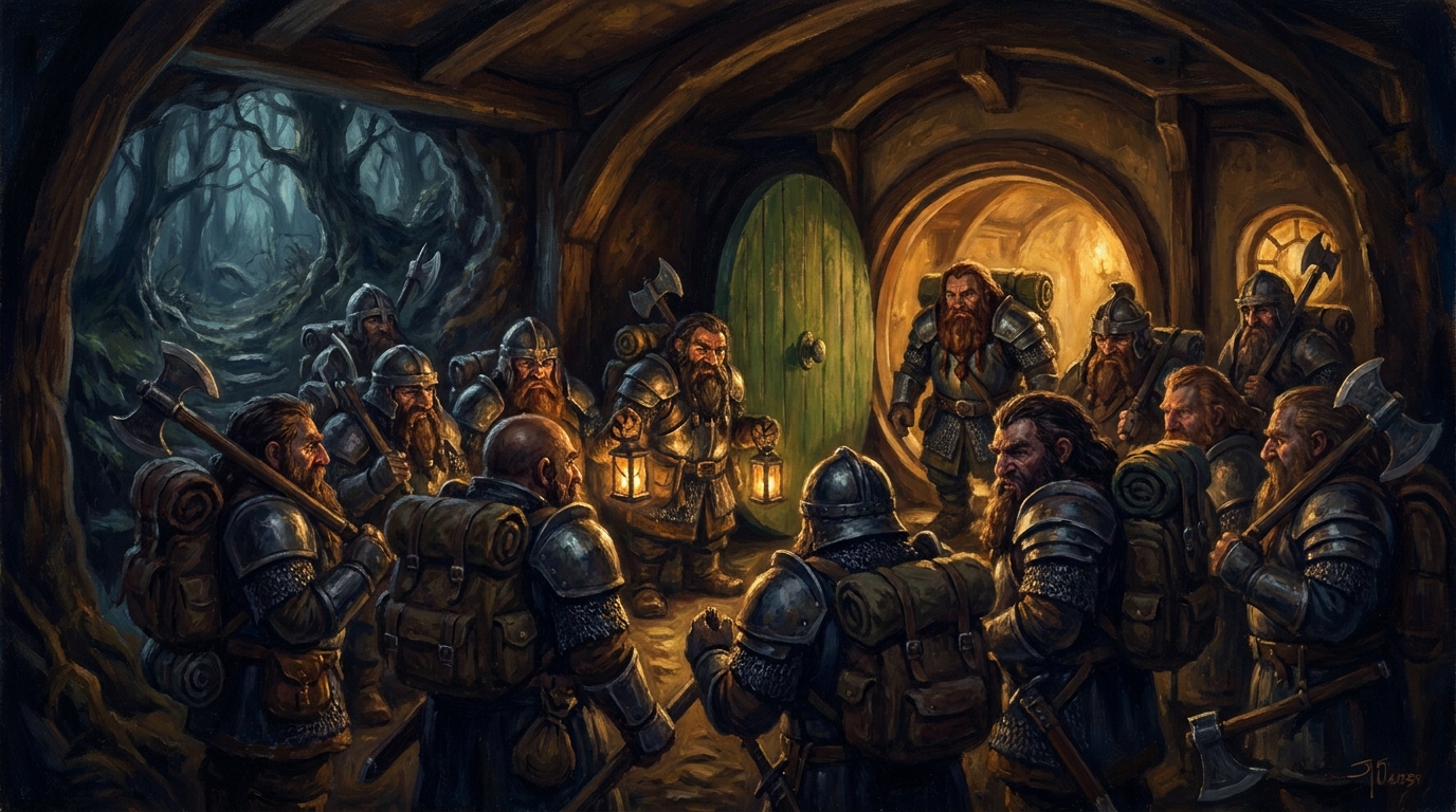 Thirteen dwarven warriors assembling inside a hobbit hole before setting out, the theme of the budget Dwarf Commander deck