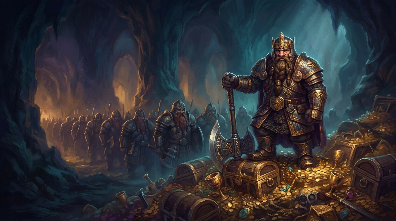 A dwarven war-king in gold-inlaid armour standing atop a treasure hoard, ranks of dwarf warriors behind him