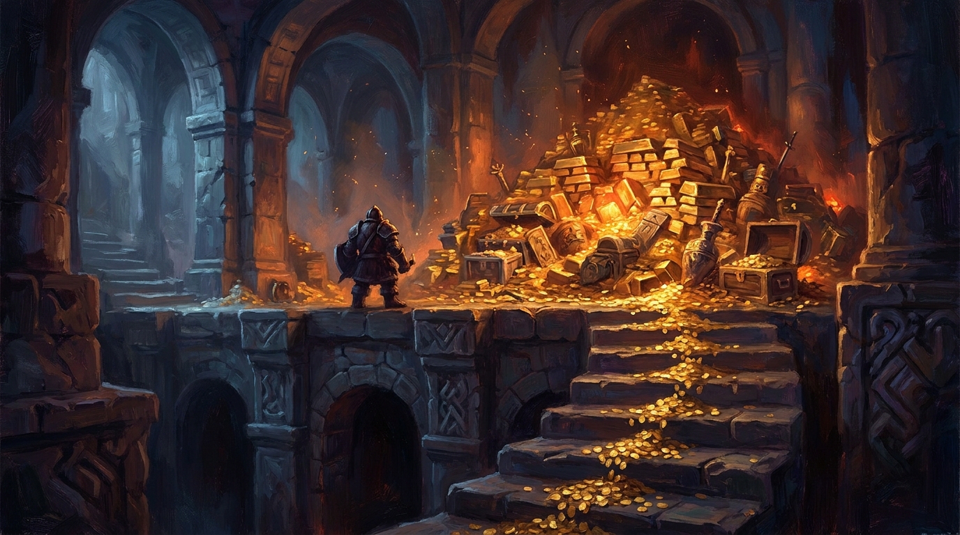 A lone dwarf warrior silhouetted against a towering wall of gold ingots and treasure chests