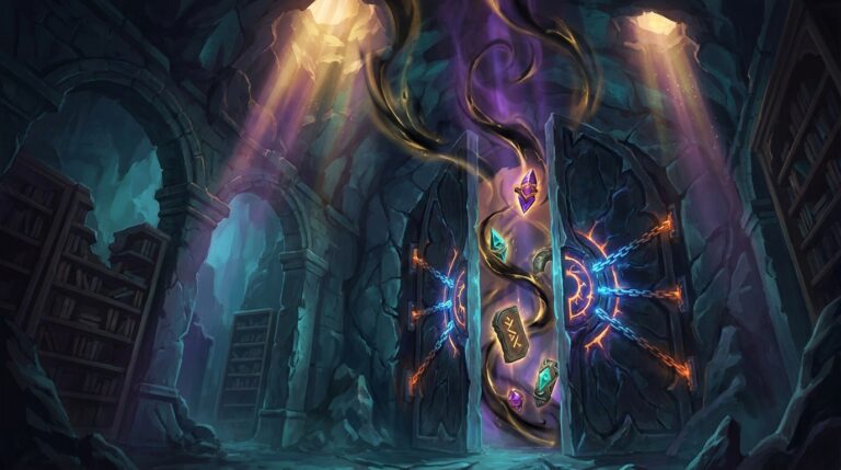 An obsidian vault sealed beneath a ruined arcane library, holding forbidden magical relics