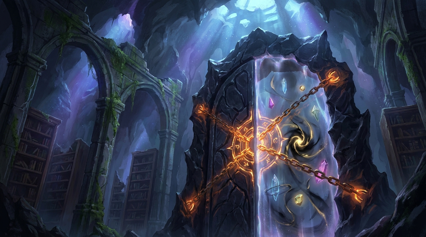 A council of hooded arbiters sealing a glowing rune at a circular stone table