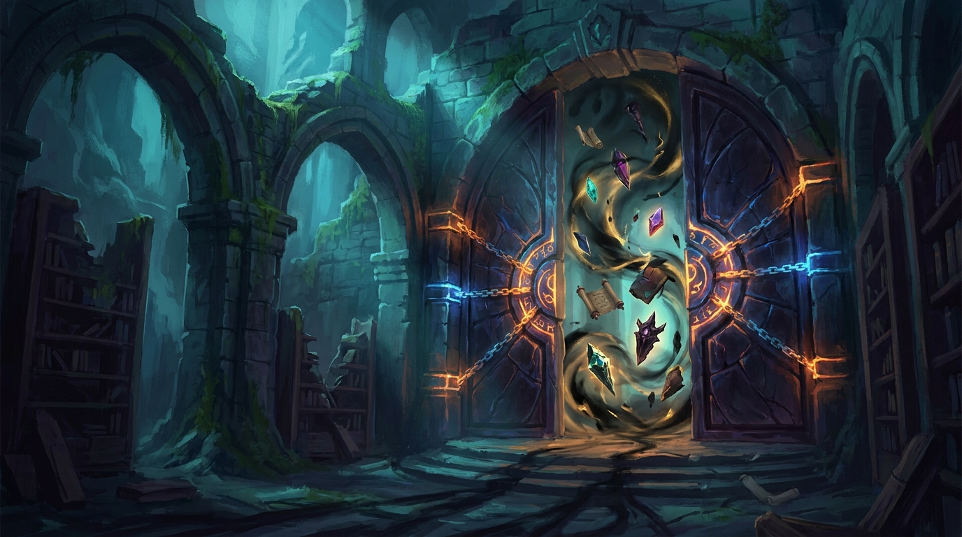 A gemstone lotus suspended inside a crackling containment field in a dark stone chamber