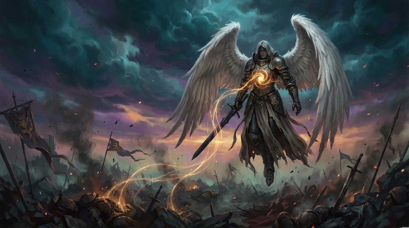 An armored angel hovers above a ruined battlefield as threads of golden light rise into her chest