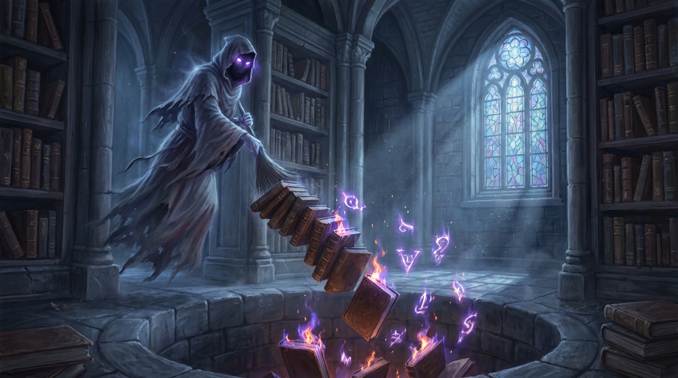 A cathedral library where discarded grimoires burn and rise again as spell-sigils — MTG madness discard outlets