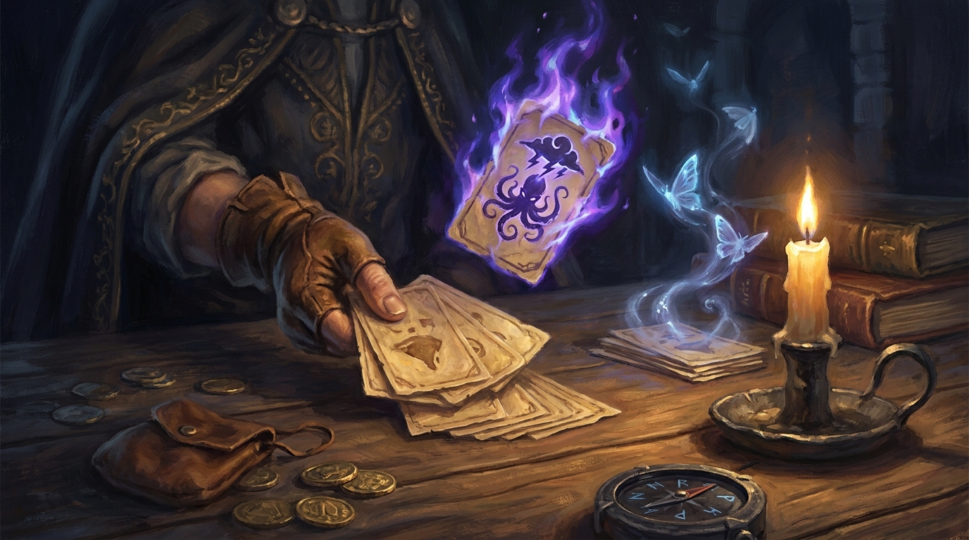 Cards flung across a candlelit table, one burning mid-air — MTG madness rulings