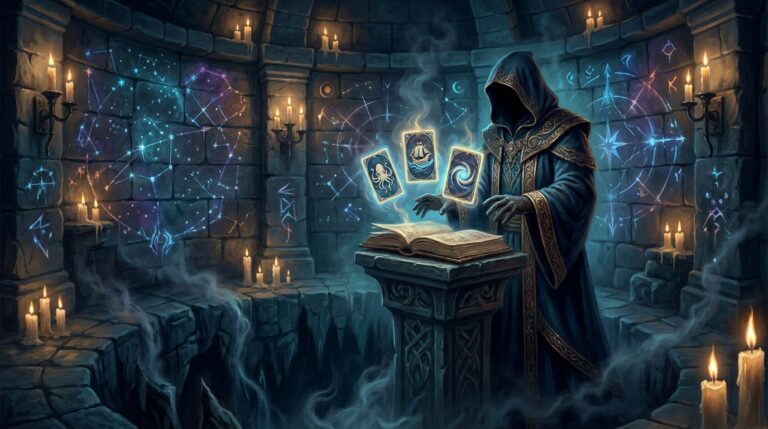 A hooded seer examines three glowing cards above an open spellbook, deciding which to keep on top of the library