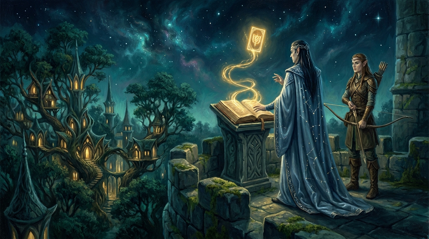 An elven lord in silver-blue robes and an elven archer on a starlit rampart of a hidden woodland city, a thread of golden light rising from an open tome to a glowing card overhead
