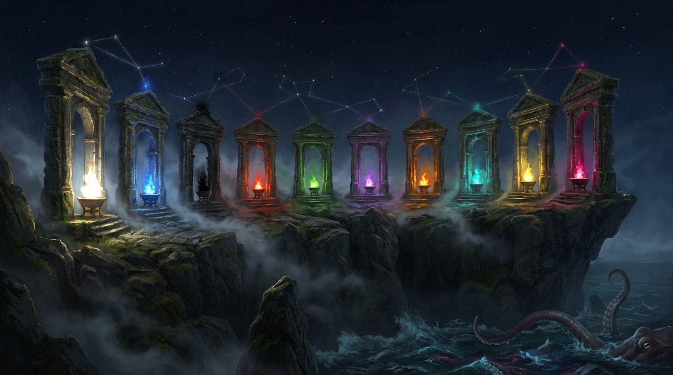 Ten weathered stone temple gateways arranged in a crescent on a moonlit clifftop, each lit by a differently coloured brazier flame, with constellation lines drawn between them