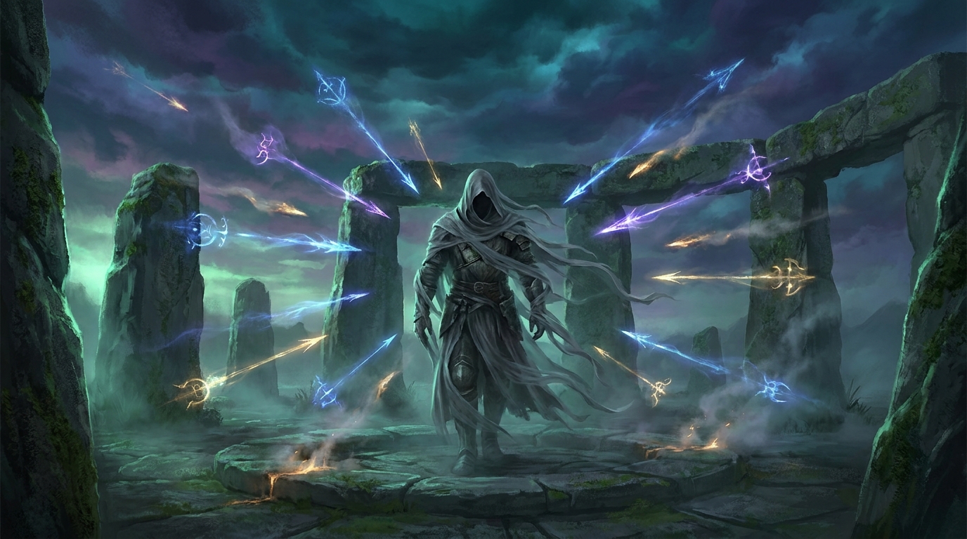 Twin sets of enchanted greaves resting on a cracked stone altar in green and blue arcane light
