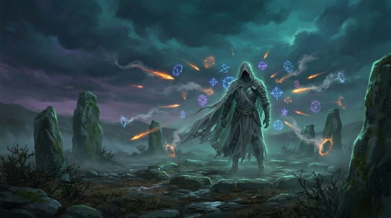A shrouded warrior in a stone circle as glowing targeting sigils dissolve before reaching them