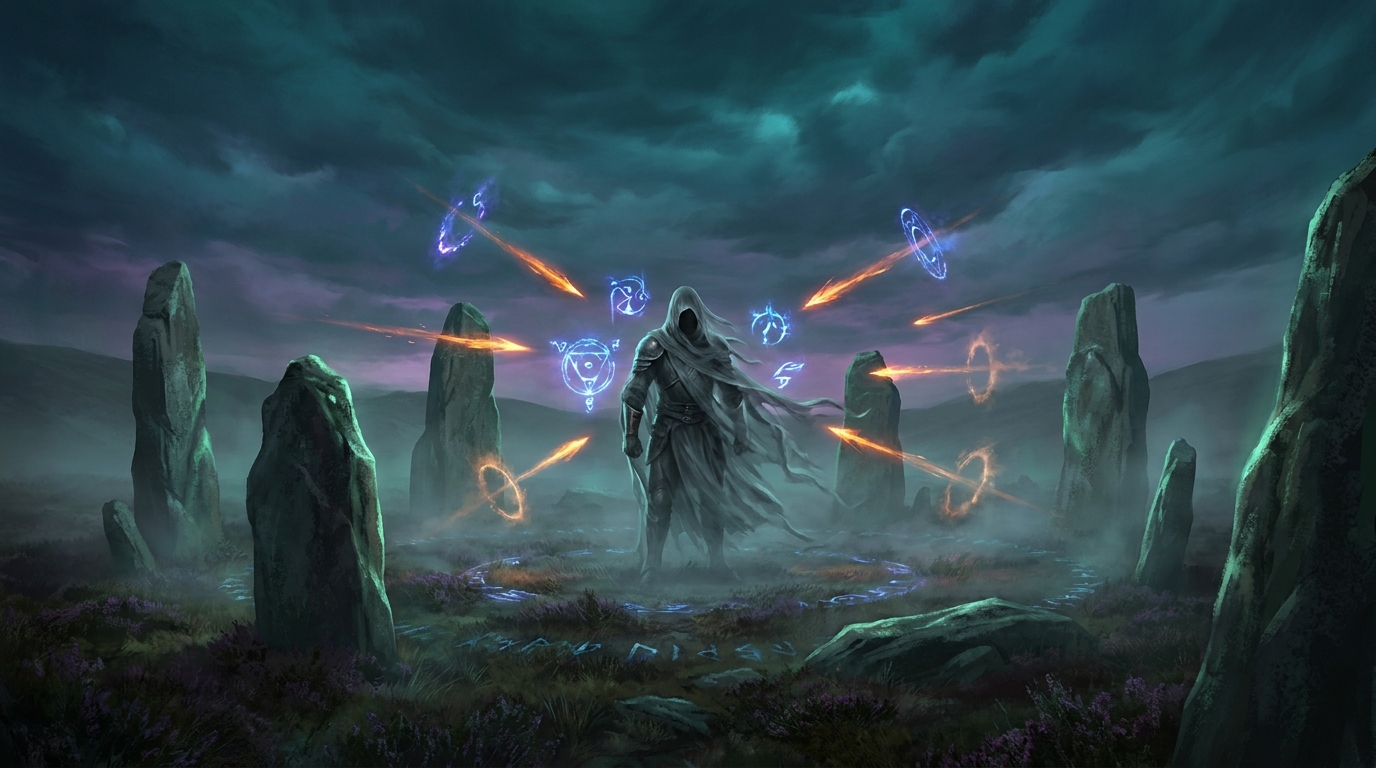A green beast half-dissolved into mist as spell arrows pass through where it stands