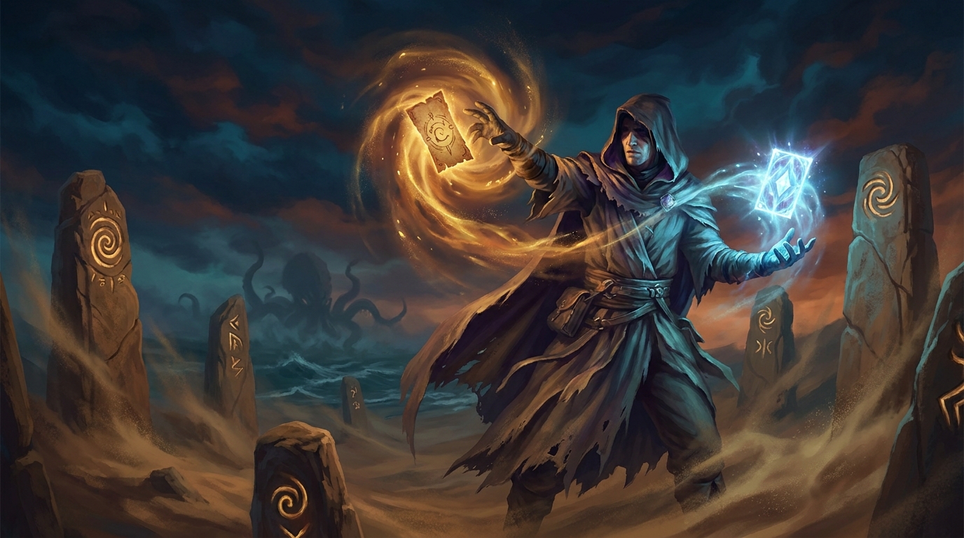 A hooded desert mage discards a worn card into an amber vortex as a new card of blue-white light forms in the other hand