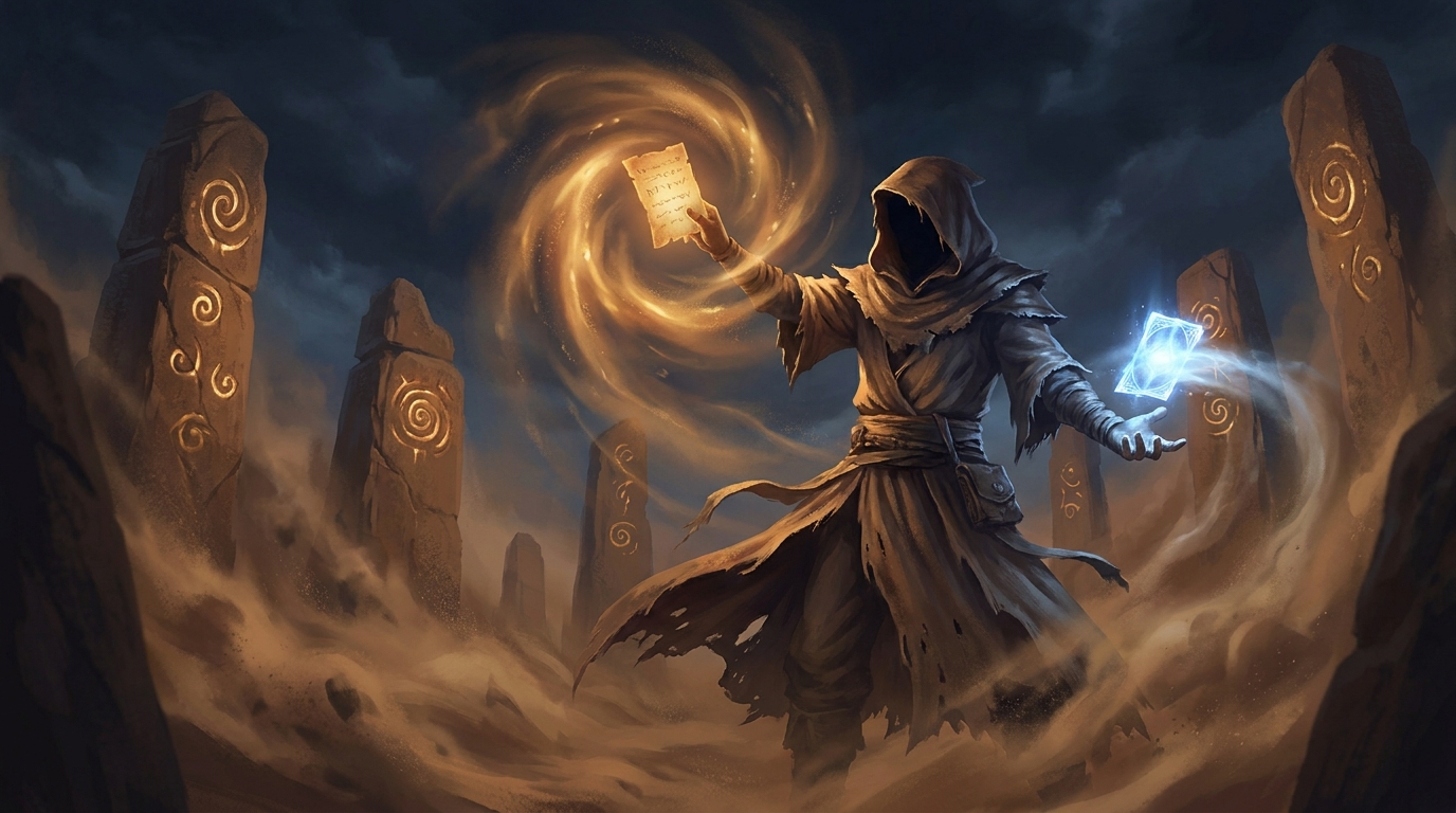A storm of spectral wings and light erupting from a pile of discarded parchment cards in a dark hall