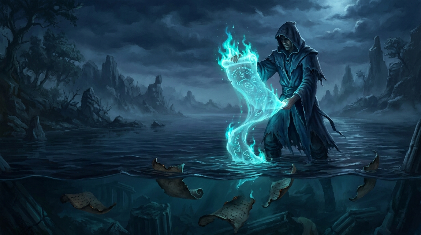 Spectral spell scrolls rising from a graveyard in cyan light, dark fantasy painting